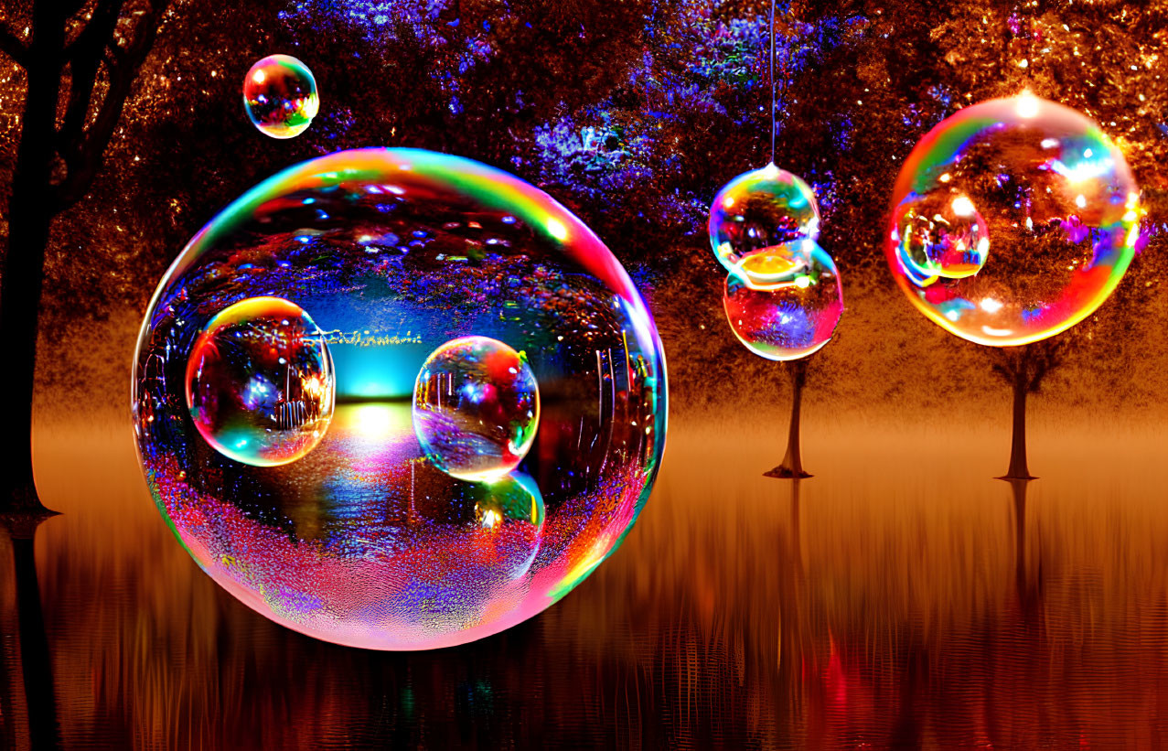 Colorful soap bubbles on mirrored surface with autumn trees and twinkling lights