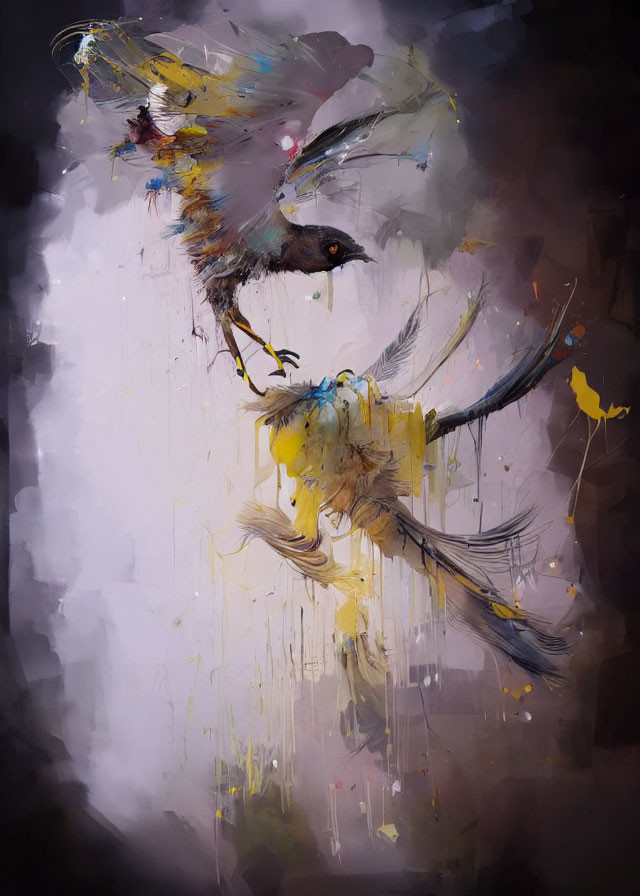Colorful abstract painting of birds on dark background