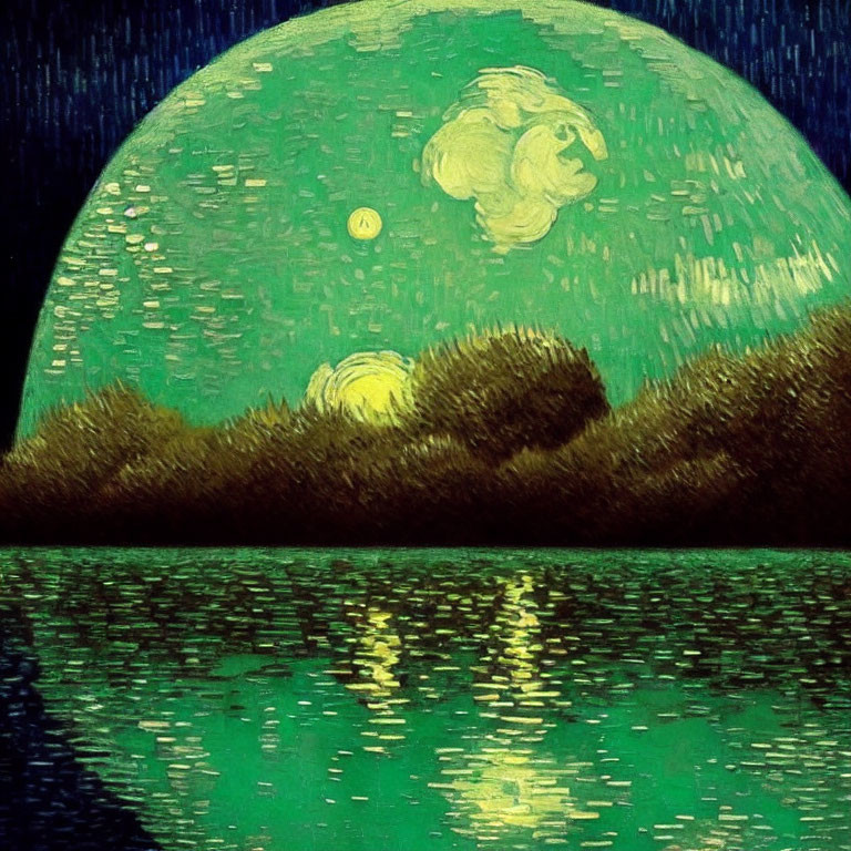 Vibrant painting: Green moon, dark trees, starry night sky