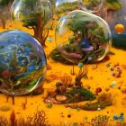 Surreal landscape with reflective bubbles above flooded trees