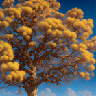 Surreal large tree with fluffy yellow canopies in barren desert landscape