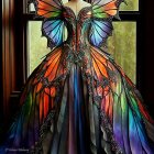 Monarch butterfly-inspired gown in front of vibrant stained glass window