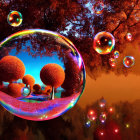 Colorful soap bubbles on mirrored surface with autumn trees and twinkling lights