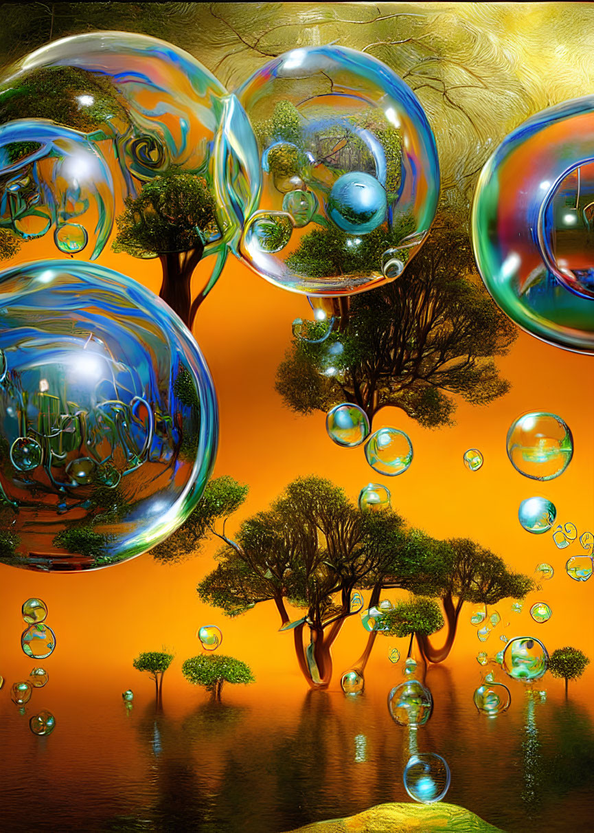 Surreal landscape with reflective bubbles above flooded trees