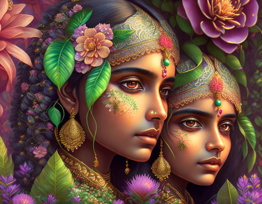 Digital Artwork: Two Women with Jewelry and Henna Designs in Floral Setting