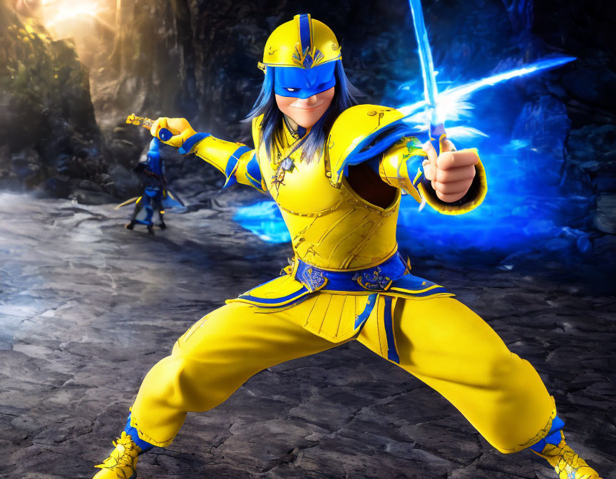 Vibrant yellow and blue costumed figure with glowing sword in rocky setting with lightning effects