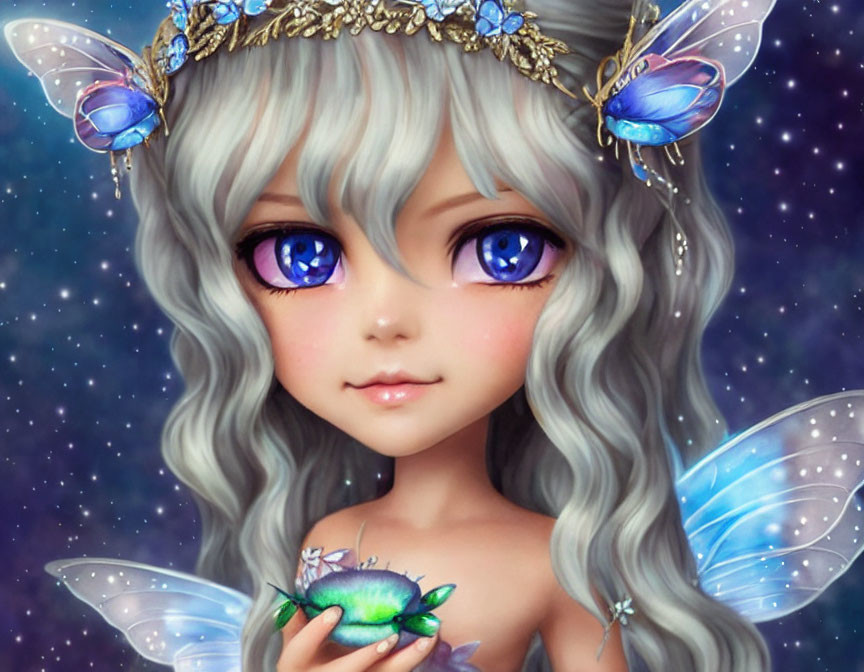 Illustrated fairy with purple eyes, grey hair, golden crown, and butterfly wings holding green orb