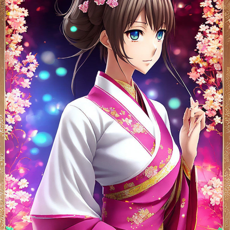 Pink kimono animated character with sakura twig in glowing background
