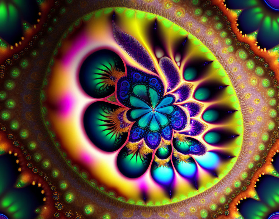 Vibrant fractal image: Psychedelic flower with feather-like textures