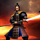 Traditional Armor Warrior with Drawn Sword in Fiery Sky Background