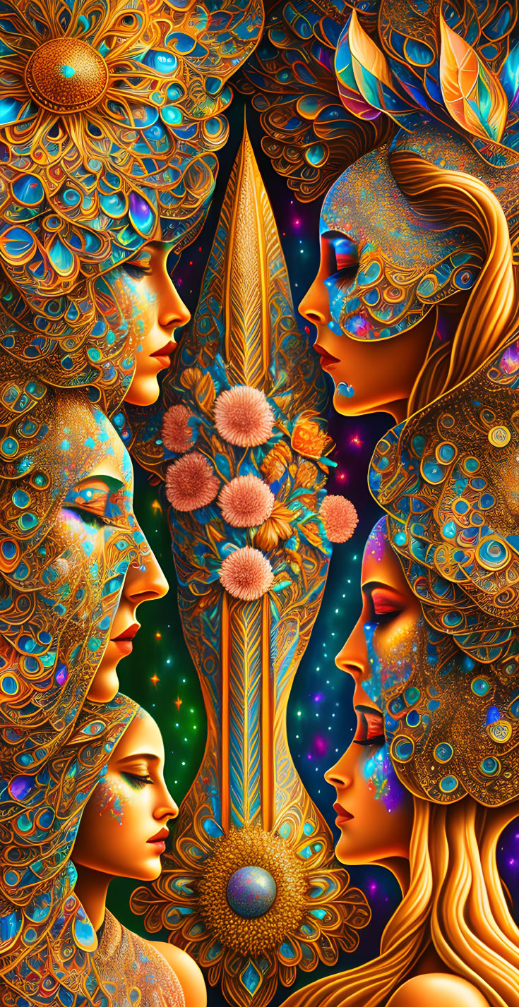 Colorful Abstract Artwork: Ornate Female Faces with Floral and Cosmic Elements