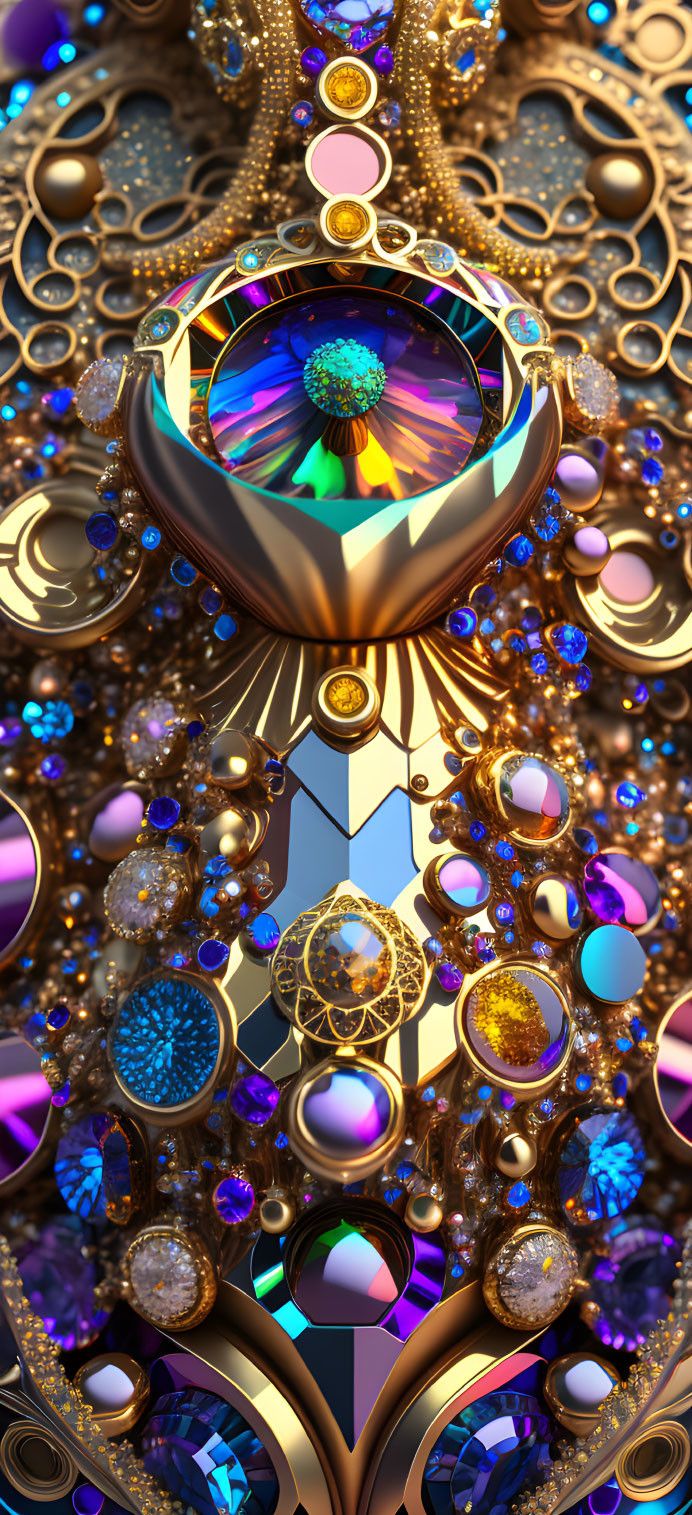 Colorful digital artwork with geometric shapes and glowing metallic elements