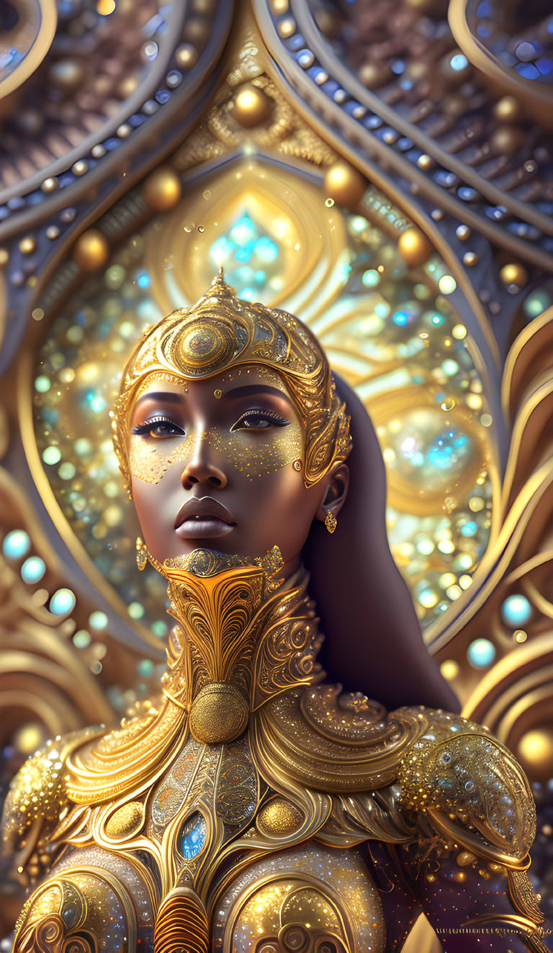 Regal figure with golden skin and ornate headdress and armor against luminous mandala background