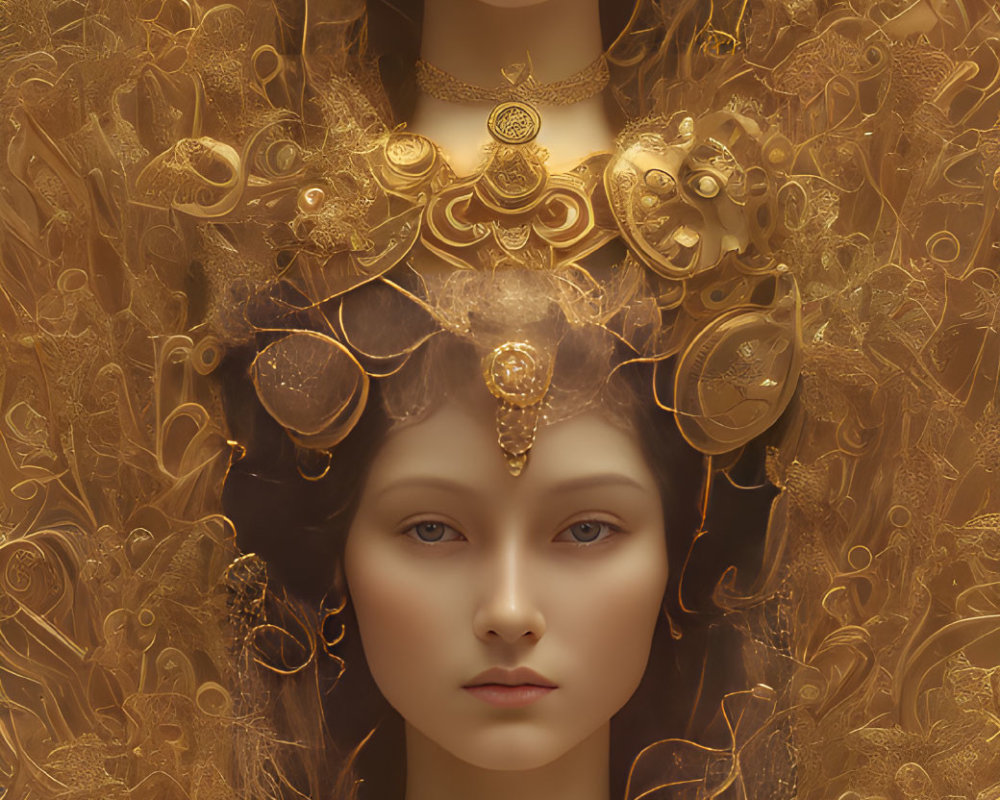 Elaborate golden headdresses on two women with ornate gold filigree designs