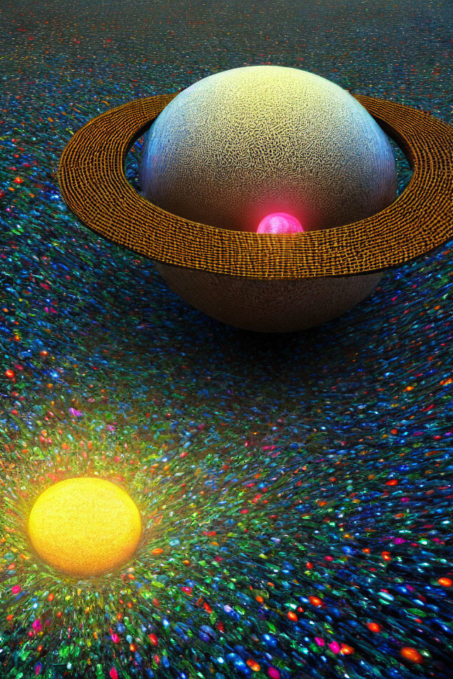 Textured sphere with ring floating above colorful surface with bright orb light