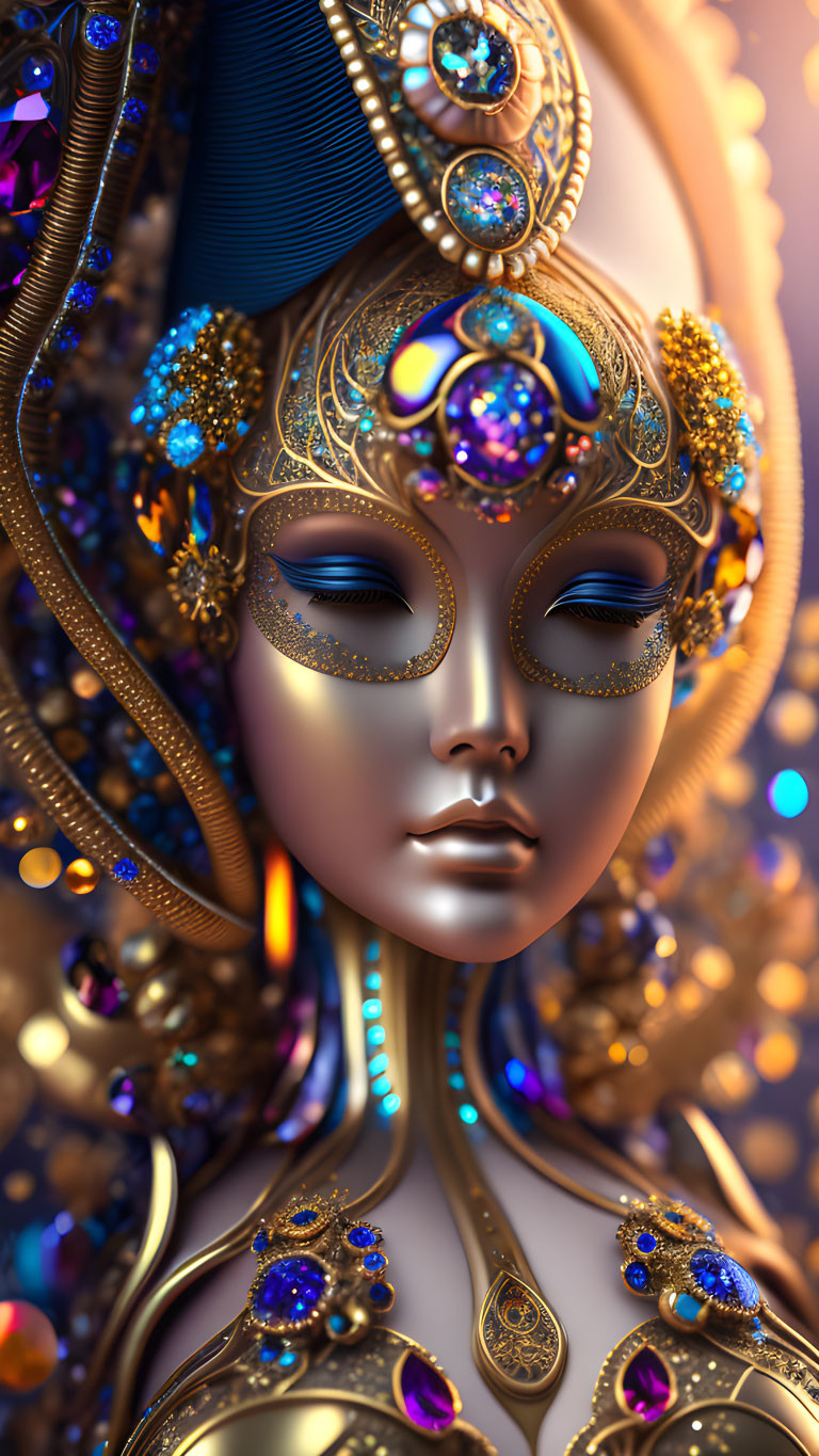 Digital artwork: Female figure with golden jewelry on blue background
