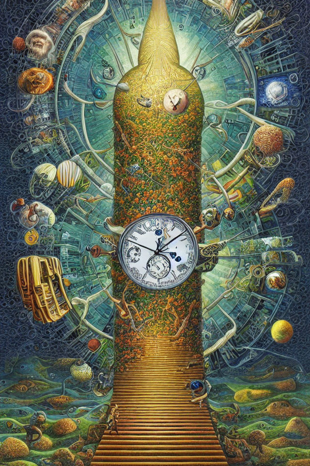Surreal artwork: Golden tower with clock face, staircase, floating objects in cosmic backdrop