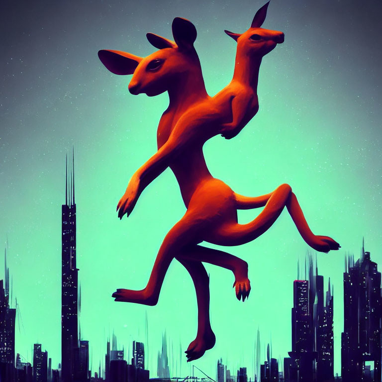 Stylized kangaroo and joey leaping over city skyline in teal sky