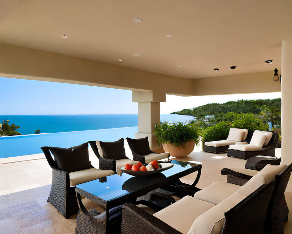 Stunning Ocean-View Patio with Infinity Pool & Plush Seating