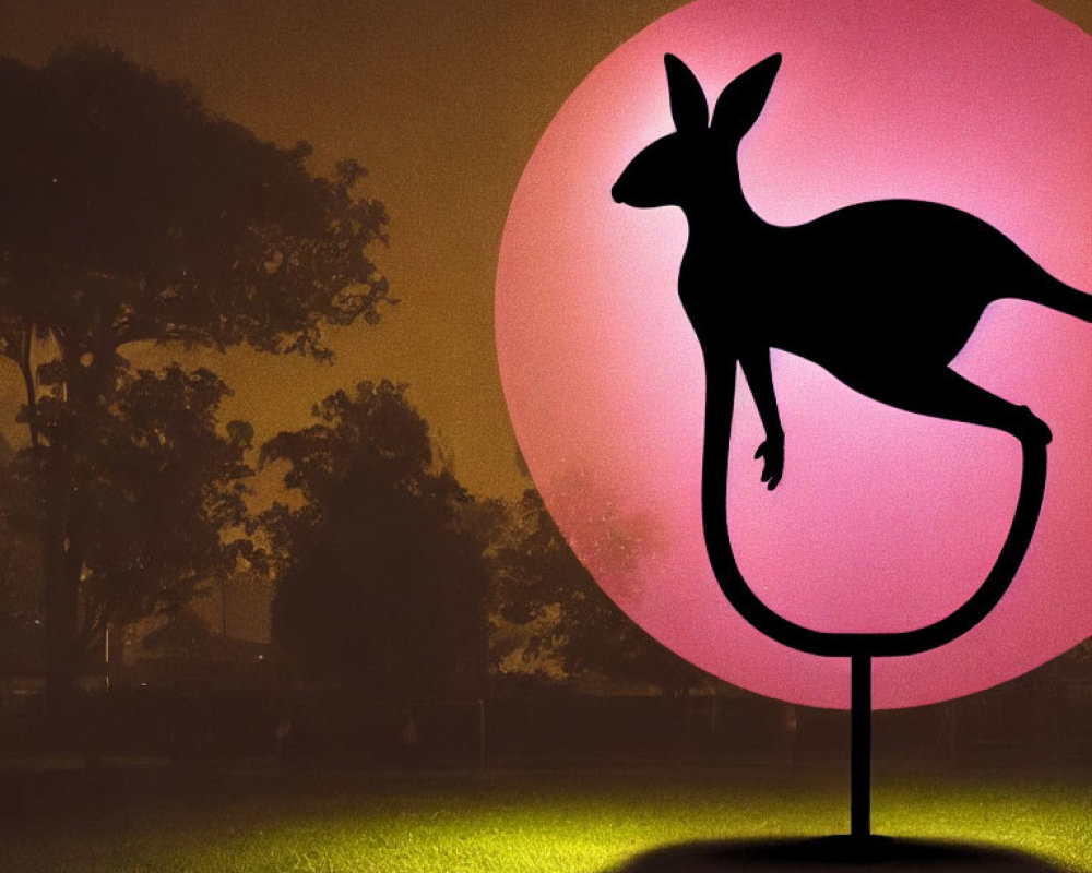 Kangaroo silhouette in pink sunset with shadowy trees