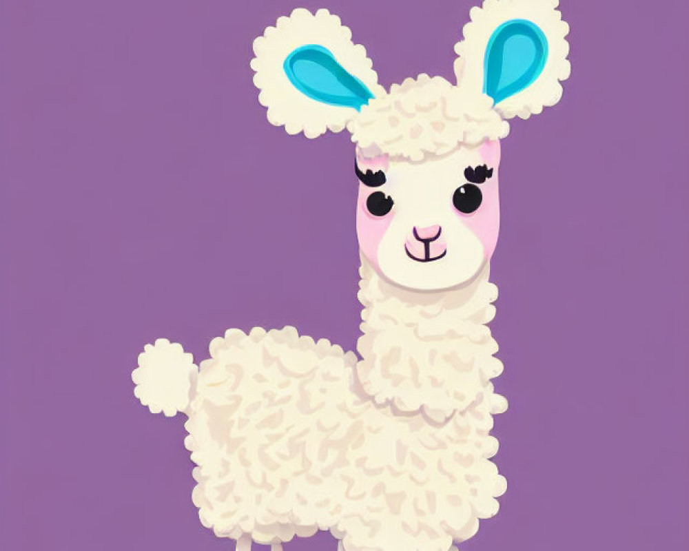 Cartoon llama with fluffy white coat and blue ears on purple background