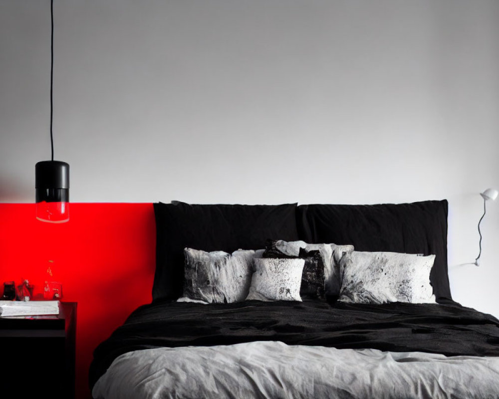 Monochrome bedroom with red accent wall and stylish decor