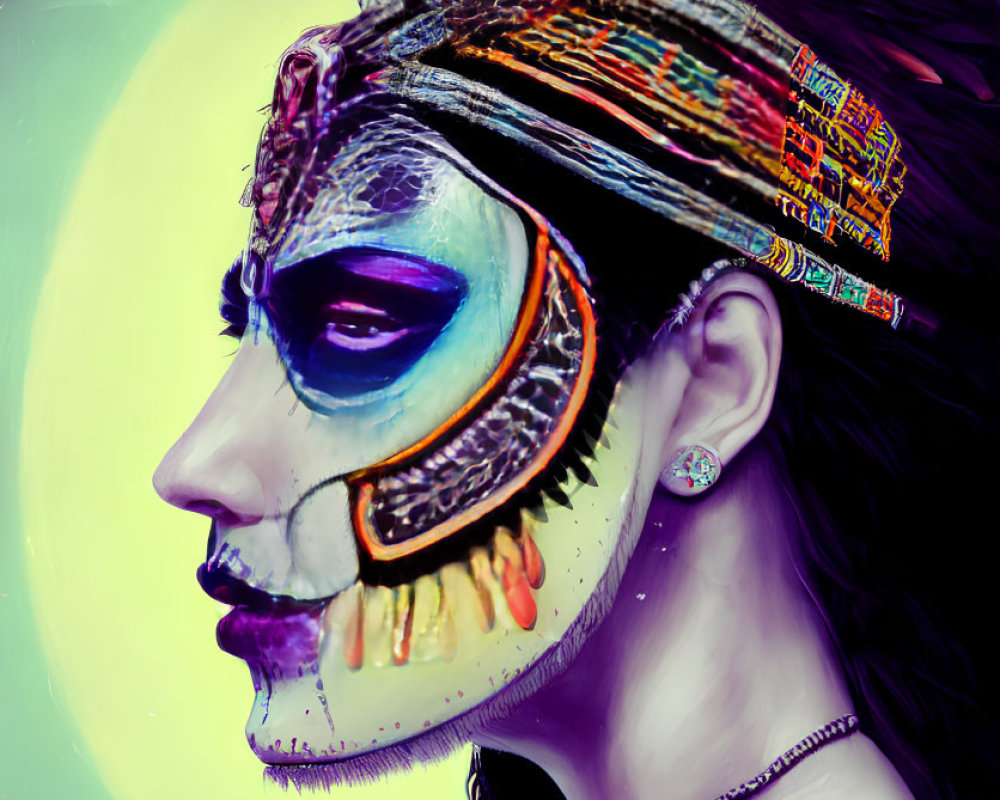 Colorful digital artwork of person with tribal makeup and headdress