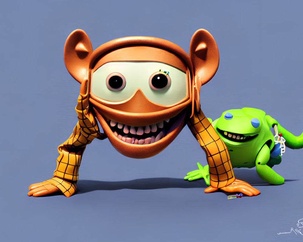 Colorful 3D illustration of wide-eyed orange monkey and small green one-eyed creature
