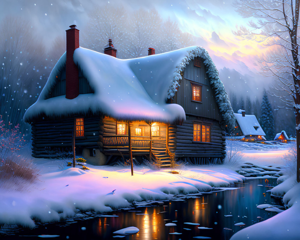 Snow-covered cabin by stream at twilight: Serene winter scene
