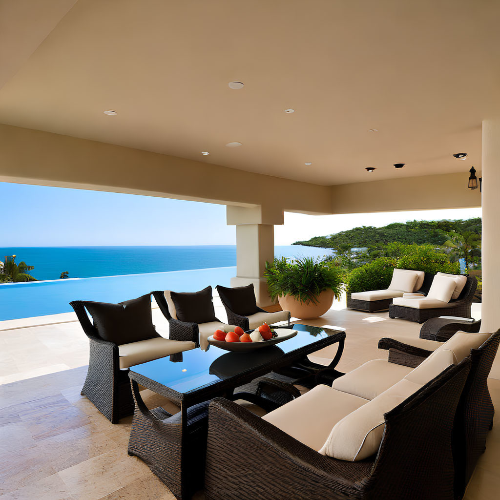 Stunning Ocean-View Patio with Infinity Pool & Plush Seating