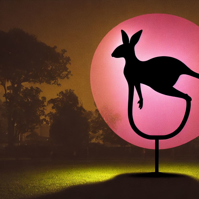 Kangaroo silhouette in pink sunset with shadowy trees
