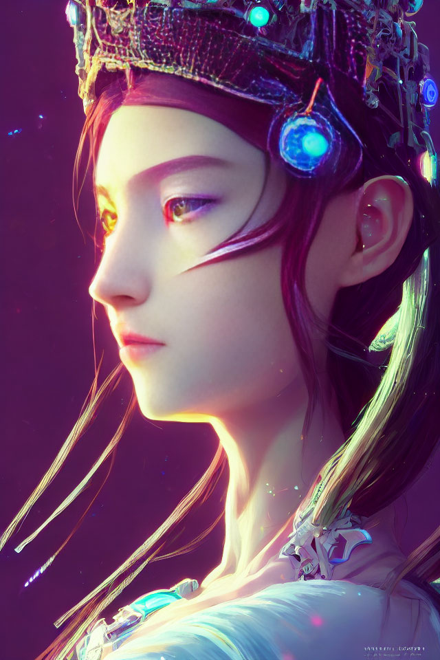 Ethereal woman with luminous eyes and futuristic crown on purple backdrop