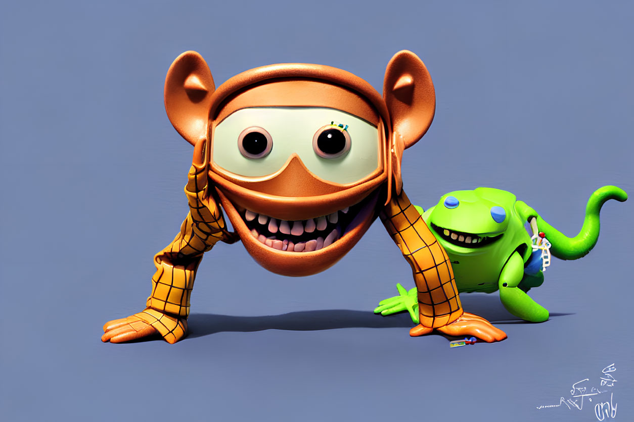 Colorful 3D illustration of wide-eyed orange monkey and small green one-eyed creature