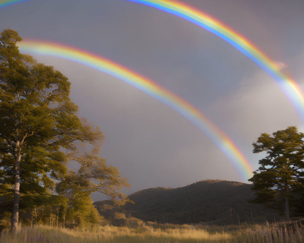 Double rainbow over serene landscape with tall trees and rolling hills