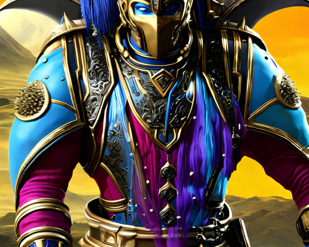 Armored Figure in Vibrant Fantasy Costume with Blue and Purple Hues