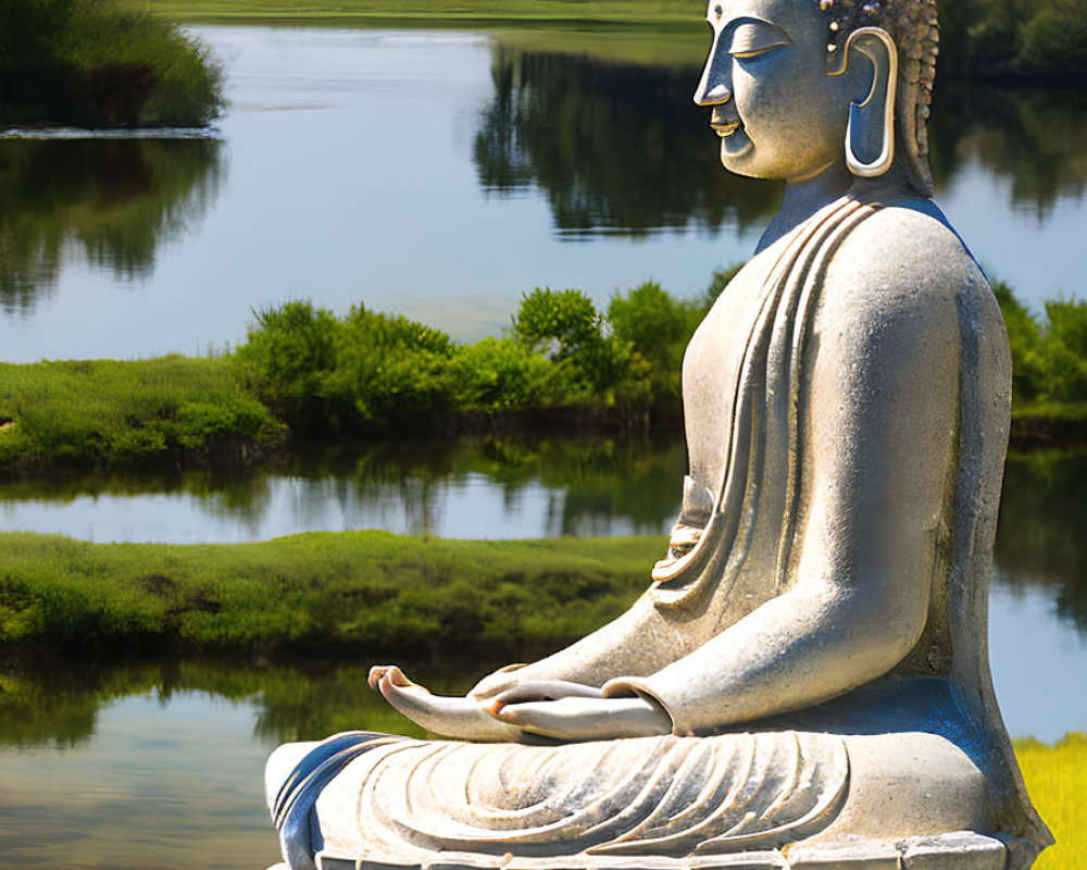 Tranquil Buddha statue meditating by serene lake