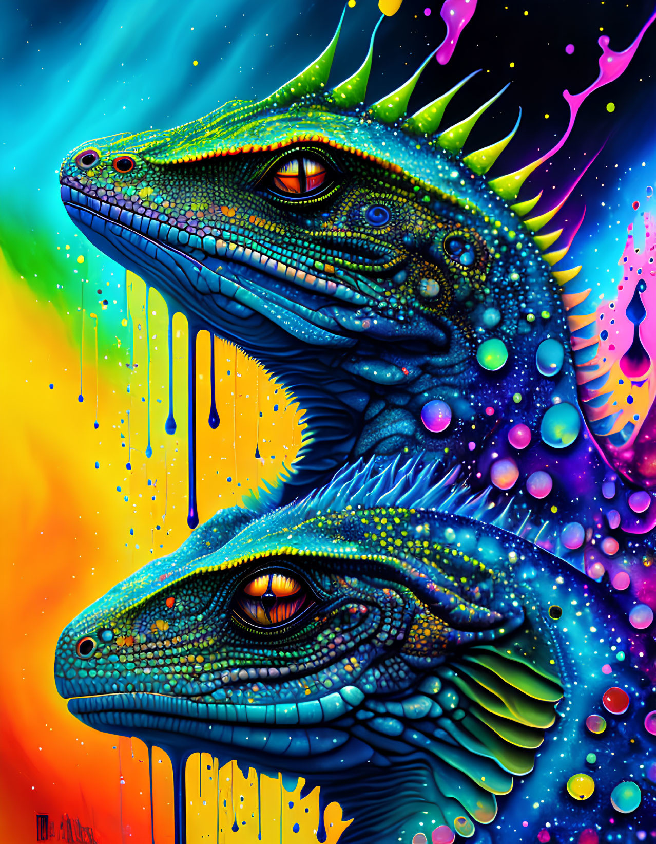 Colorful Psychedelic Iguanas Artwork on Neon Background