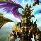 Golden Armored Warrior with Plumed Helmet and Purple Energy Figure