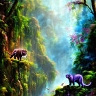 Digital Art: Mystical Jungle with Black Panthers & Colorful Flora