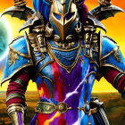 Armored Figure in Vibrant Fantasy Costume with Blue and Purple Hues