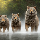 Three animated wolves with human-like facial expressions in misty forest.