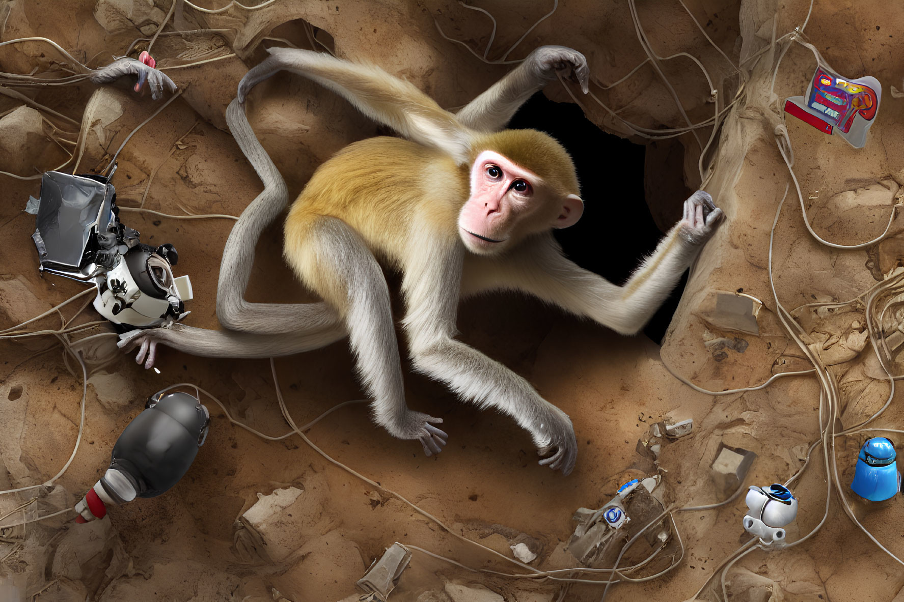 Monkey with space-themed toys and objects in moonscape setting