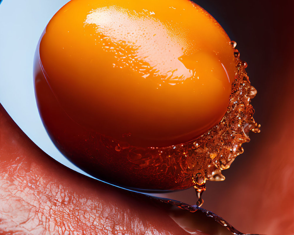 Shiny egg yolk on curved edge with droplets on red surface