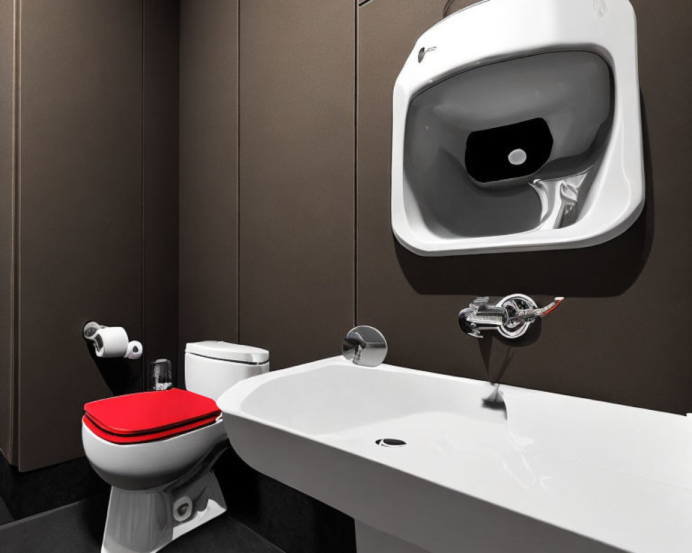 White Toilet with Red Seat Cover in Modern Bathroom Interior