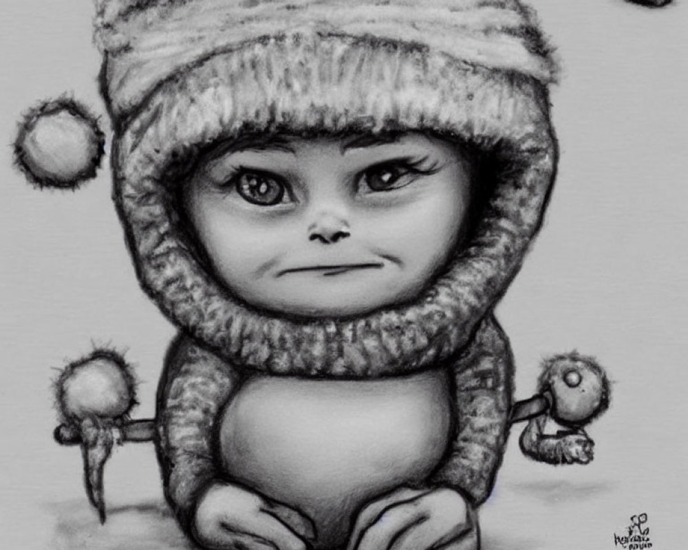 Adorable baby in furry hood with playful eyes holding fluffy creatures