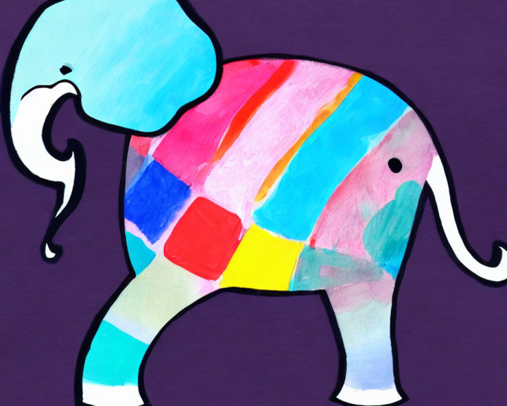 Vibrant abstract painting: elephant with multicolored segments on purple background