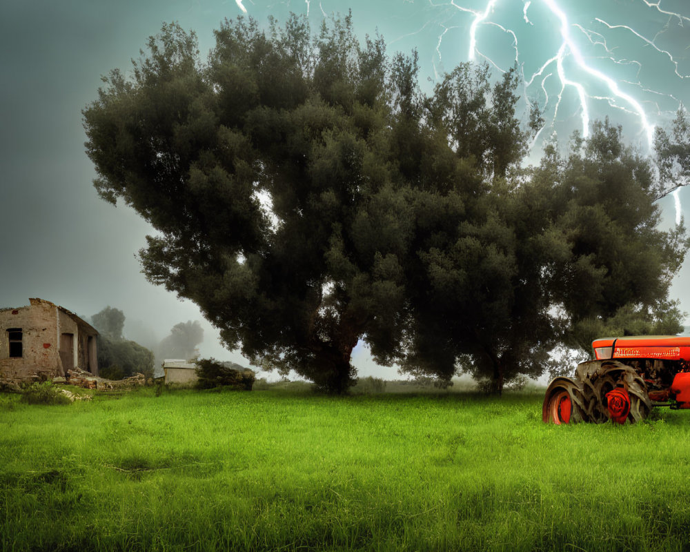 Stormy Landscape with Lightning, Tree, Ruins, and Red Tractor on Green Field