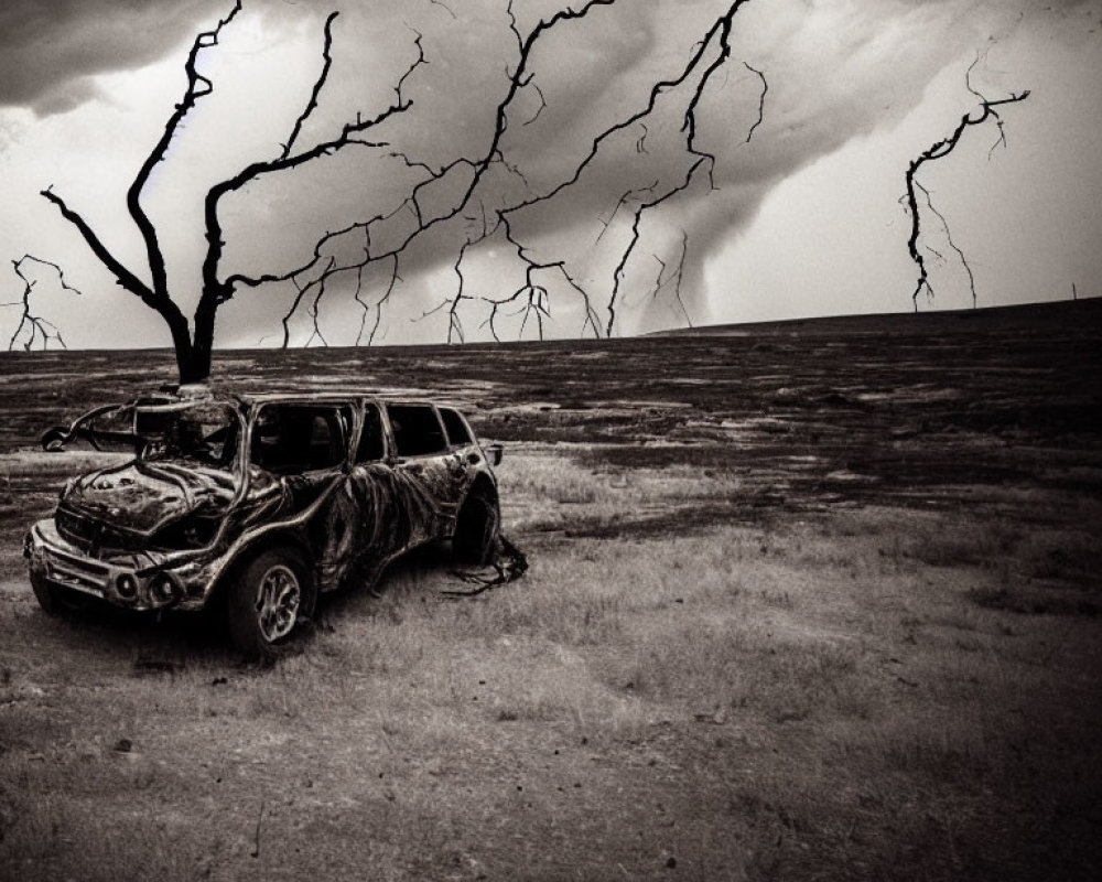 Damaged car in desolate landscape with stormy sky