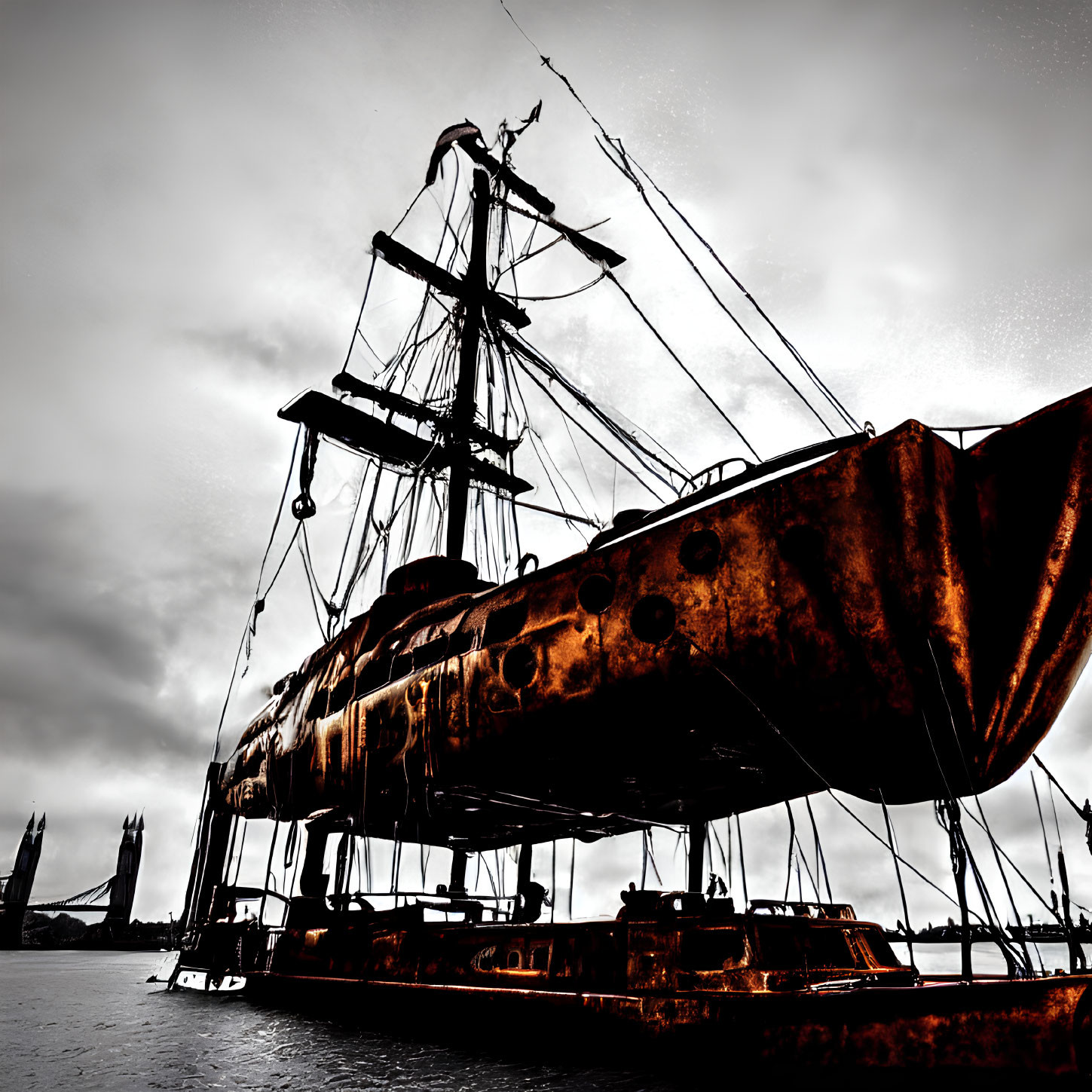 Rusted abandoned ship with tattered sails under cloudy sky