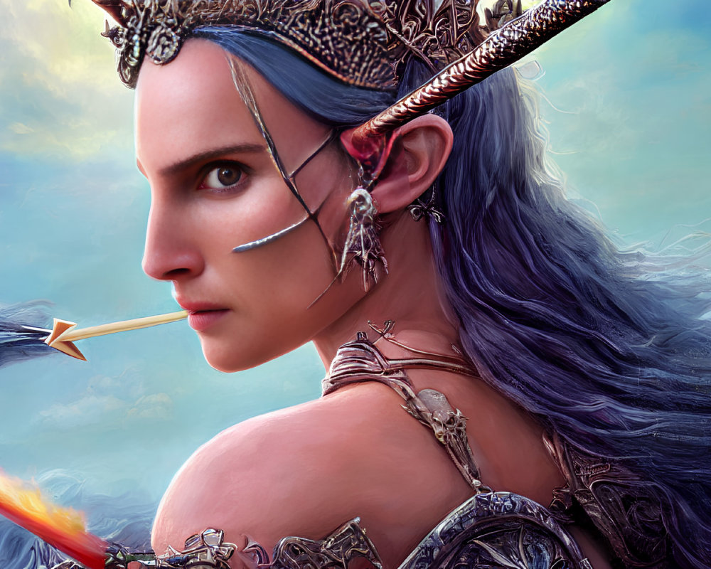 Fantasy elf woman with blue hair in silver armor and crown with arrow.
